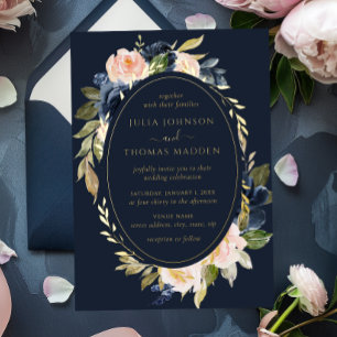 Invitación Con Relieve Metalizado Boda floral follaje de color rosa dorado naval