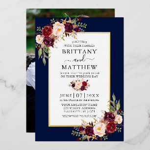 Invitación Con Relieve Metalizado Boda Floral Foto Acuarela Azul Oro
