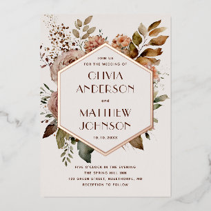 Invitación Con Relieve Metalizado Boda floral geométrica dorada   Rosa claro beige