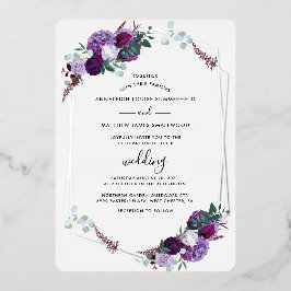 Invitación Con Relieve Metalizado Boda floral geométrico botánico púrpura plateado