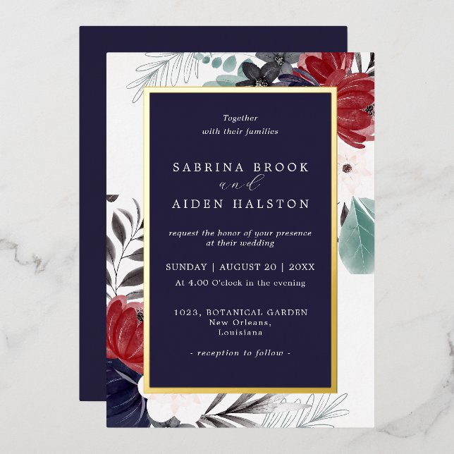 Invitación Con Relieve Metalizado Boda floral gótica azul borgoña de la Marina (Anverso/Reverso)