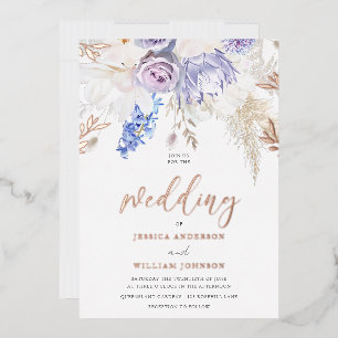 Invitación Con Relieve Metalizado Boda floral lavanda púrpura dorada divina rosa