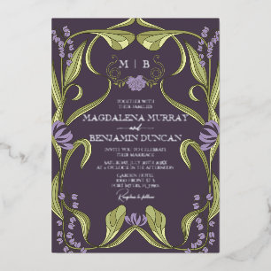 Invitación Con Relieve Metalizado Boda floral lila berenjena Art Nouveau