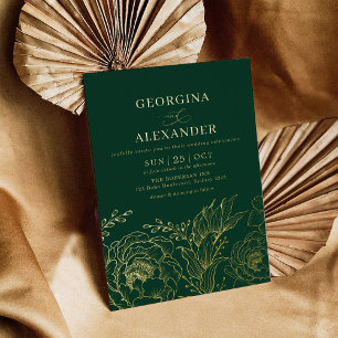 Invitación Con Relieve Metalizado Boda Floral Minimalista Verde Esmeralda y Oro