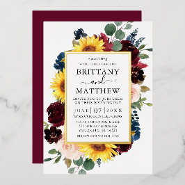 Invitación Con Relieve Metalizado Boda floral mixta acuarela burgundy oro