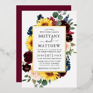 Invitación Con Relieve Metalizado Boda floral mixta de acuarela burgundy oro