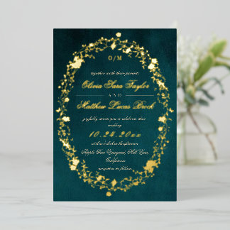 Invitación Con Relieve Metalizado Boda floral moderna con papel de oro Devine Green