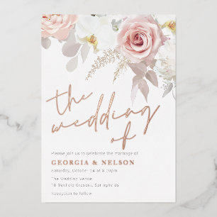 Invitación Con Relieve Metalizado Boda floral moderna de color rosa y blanco
