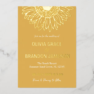 Invitación Con Relieve Metalizado Boda floral moderna de girasol dorado amarillo