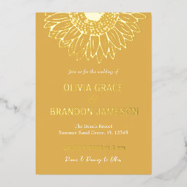 Invitación Con Relieve Metalizado Boda floral moderna de girasol dorado amarillo