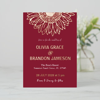 Invitación Con Relieve Metalizado Boda Floral Moderna de Girasol Dorado Rosa Mocha