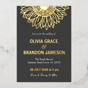 Invitación Con Relieve Metalizado Boda floral moderna de girasoles de oro negro