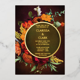 Invitación Con Relieve Metalizado Boda floral moderna de otoño con naranja intenso y