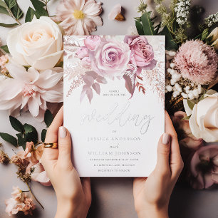 Invitación Con Relieve Metalizado Boda floral moderna divina de rosa y plata
