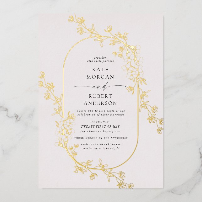 Invitación Con Relieve Metalizado boda floral moderno esbozado (Anverso)