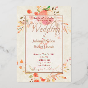 Invitación Con Relieve Metalizado Boda floral naranja 