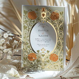 Invitación Con Relieve Metalizado Boda floral Naranja de artes y oficios de época