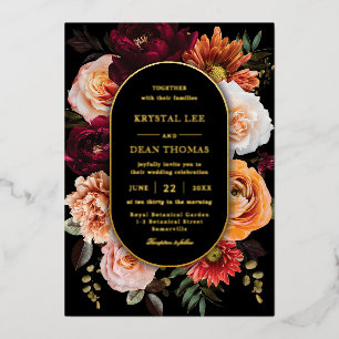 Invitación Con Relieve Metalizado Boda floral naranja óxido borgoña oscura y tempera