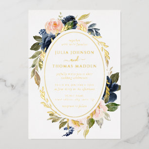 Invitación Con Relieve Metalizado Boda floral naval con rubor dorado y follaje