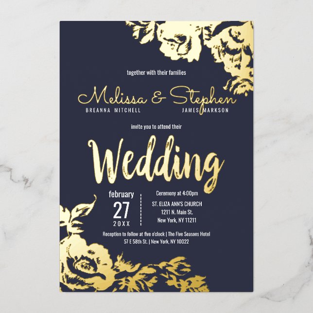 Invitación Con Relieve Metalizado Boda floral Navy Blue Real Gold (Anverso)