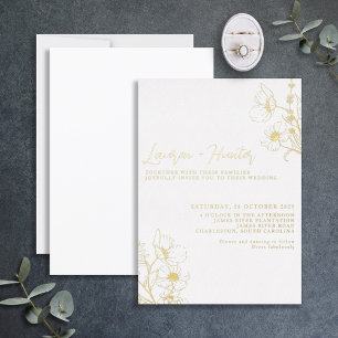 Invitación Con Relieve Metalizado Boda Floral Negra Blanca Script Moderno Dorado