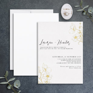 Invitación Con Relieve Metalizado Boda Floral Negra Blanca Script Moderno Dorado