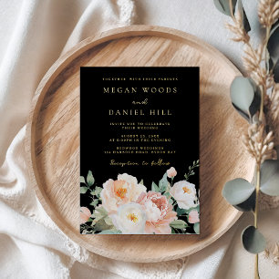 Invitación Con Relieve Metalizado Boda floral negra y de melocotón rosa de primavera