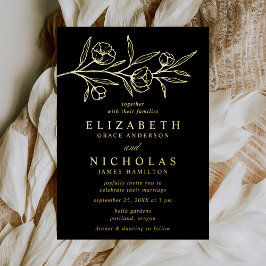 Invitación Con Relieve Metalizado Boda floral negra y dorada dibujada