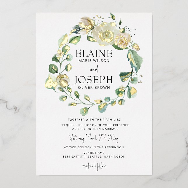 Invitación Con Relieve Metalizado Boda floral neutra y botánico de aire rústico (Anverso)