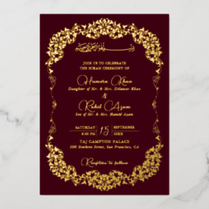 Invitación Con Relieve Metalizado Boda Floral Paisley Burgundy Marrón Artística