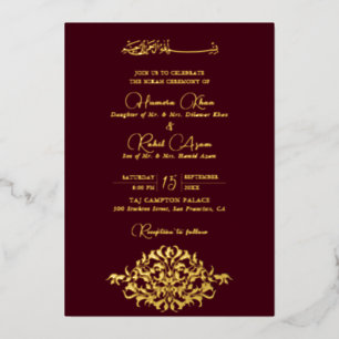 Invitación Con Relieve Metalizado Boda Floral Paisley Burgundy Marrón Artística