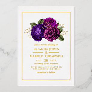 Invitación Con Relieve Metalizado Boda floral púrpura, violeta, ciruela y dorado