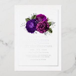 Invitación Con Relieve Metalizado Boda floral púrpura, violeta, ciruela y plata