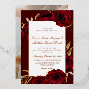 Invitación Con Relieve Metalizado Boda floral roja burgundy con lámina de oro rosa