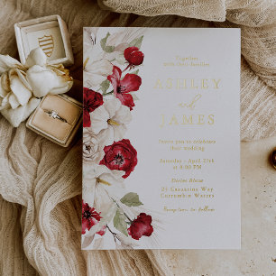 Invitación Con Relieve Metalizado Boda floral roja y blanca romántica con lámina dor