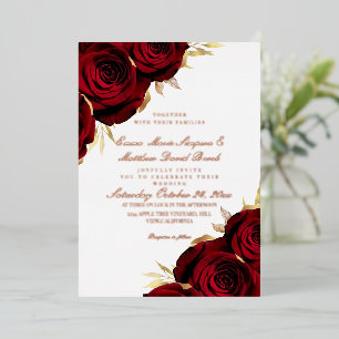 Invitación Con Relieve Metalizado Boda floral roja y foil de oro rosa