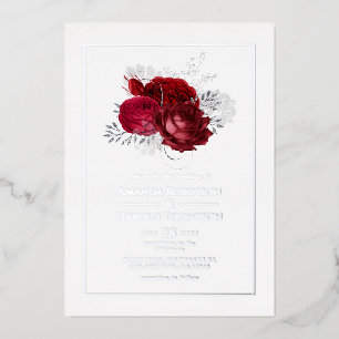 Invitación Con Relieve Metalizado Boda floral roja y plateada
