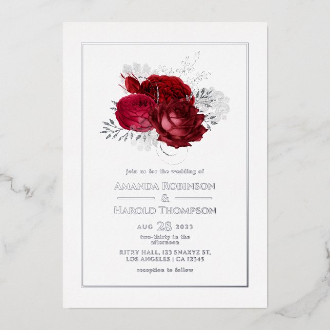 Invitación Con Relieve Metalizado Boda floral rojo y plateado (Anverso)