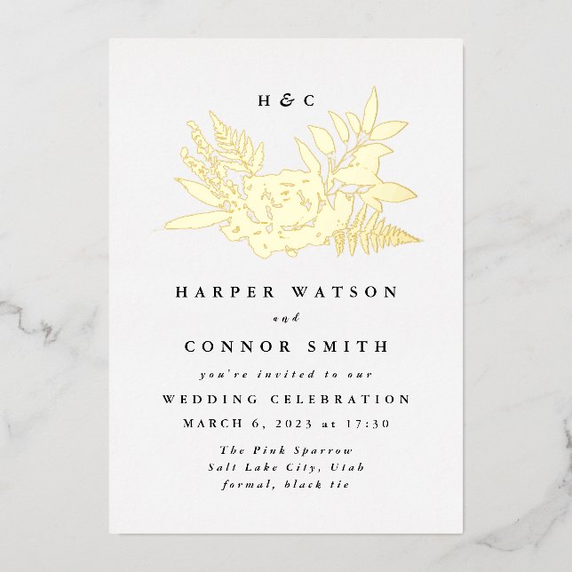 Invitación Con Relieve Metalizado Boda floral romántico elegante (Anverso)