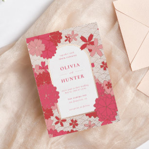 Invitación Con Relieve Metalizado Boda Floral Rosa