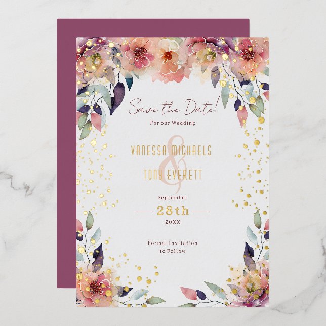 Invitación Con Relieve Metalizado Boda floral rosa en cascada salva la fecha (Anverso/Reverso)