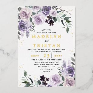 Invitación Con Relieve Metalizado Boda floral rosa polvorienta rústica dorada y púrp