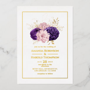 Invitación Con Relieve Metalizado Boda floral rosa, púrpura y dorado