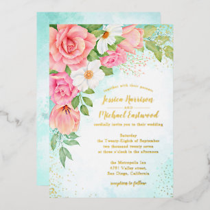 Invitación Con Relieve Metalizado Boda Floral Rosa Rosa Rosa Rosa de Oro Turquesa