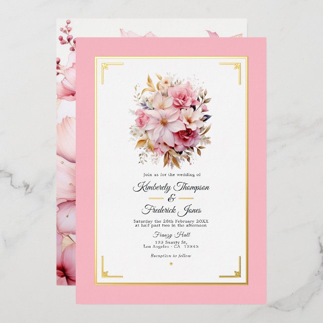 Invitación Con Relieve Metalizado Boda floral rosa y dorada (Anverso/Reverso)