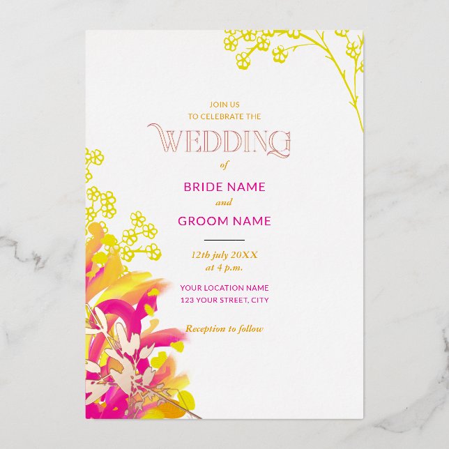 Invitación Con Relieve Metalizado Boda floral rosa y Naranja (Anverso)