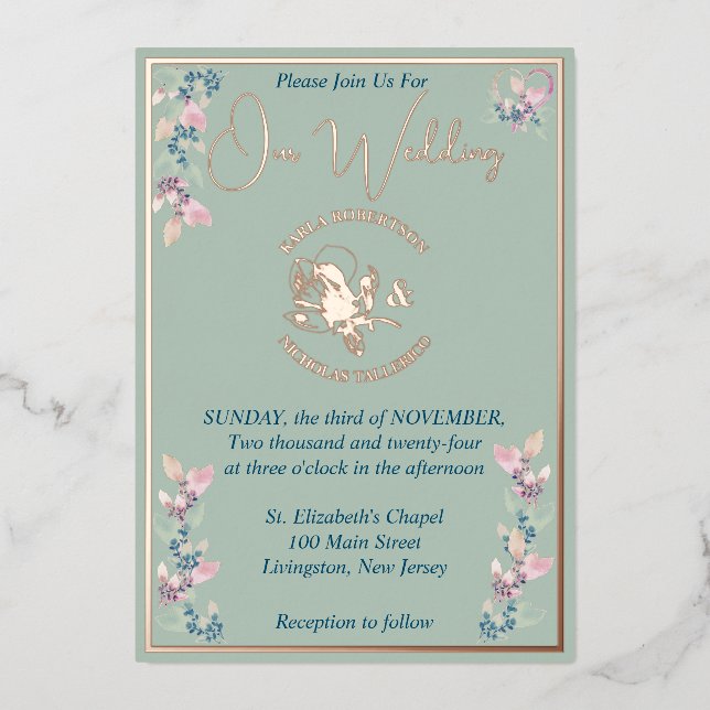 Invitación Con Relieve Metalizado Boda floral rosa y sabio (Anverso)