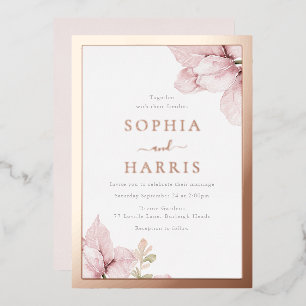 Invitación Con Relieve Metalizado Boda floral rosada con borde de lámina de oro rosa