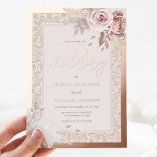Invitación Con Relieve Metalizado Boda floral rosada con borde vintage de lámina de