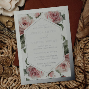 Invitación Con Relieve Metalizado Boda floral rosada con marco de papel de plata